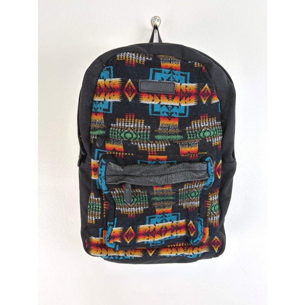 Pendleton Southwestern Wool Canvas Backpack Leather Trim Black Multicolor